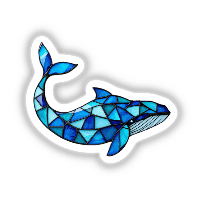 Whale Stained Glass Style illustration, offered as stickers or digital artwork, showcases a creative blue whale design with a white border, embodying Decal Venue's unique artistic flair.