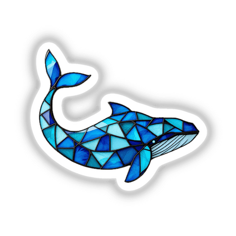 Whale Stained Glass Style illustration, offered as stickers or digital artwork, showcases a creative blue whale design with a white border, embodying Decal Venue's unique artistic flair.