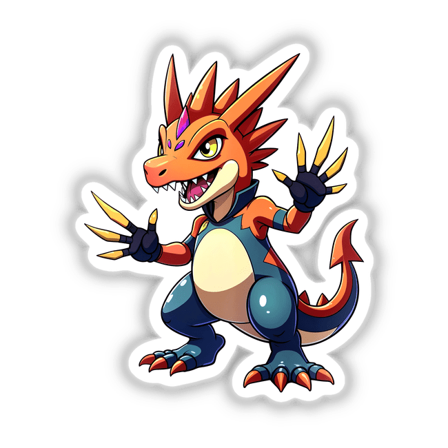 Dino Fighter - Cretaceous Crusher: Cartoon dragon illustration featuring dynamic poses and expressive features, available as unique vinyl stickers or digital artwork from Decal Venue.