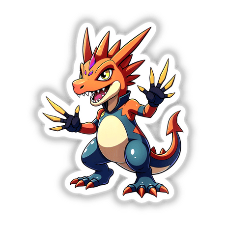 Dino Fighter - Cretaceous Crusher: Cartoon dragon illustration featuring dynamic poses and expressive features, available as unique vinyl stickers or digital artwork from Decal Venue.