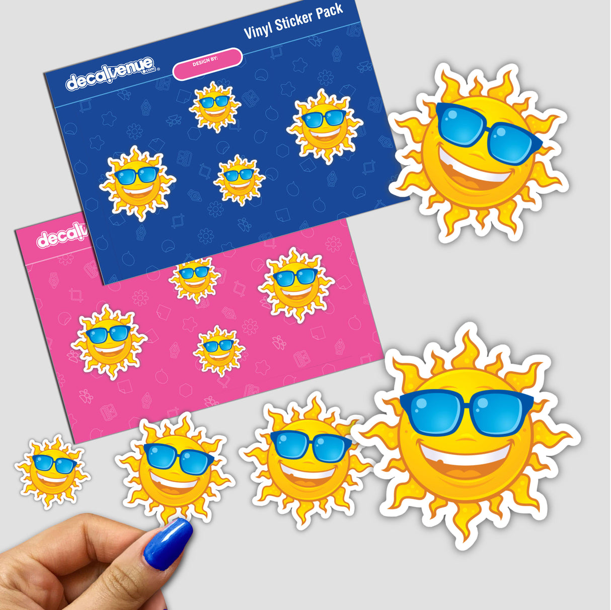Stickers featuring a cartoon sun wearing sunglasses, available as a pack or individually, titled Summer Sun Wearing Sunglasses from Decal Venue's unique sticker collection.