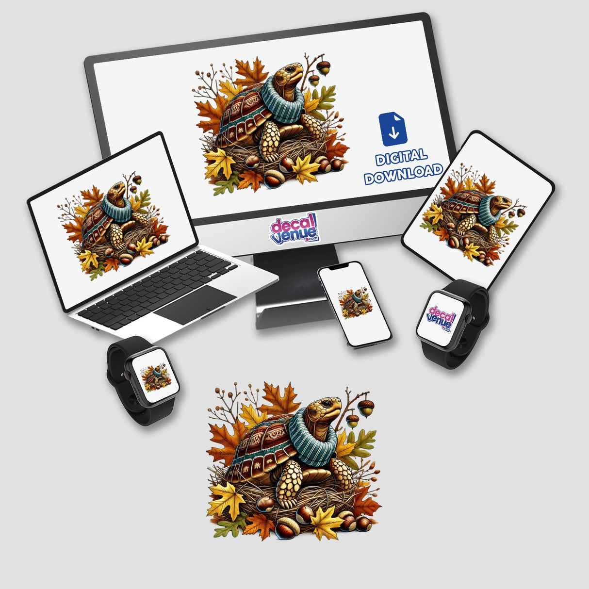 Cozy autumn turtle in turtleneck sweater among fall foliage and acorns on digital devices from Decal Venue