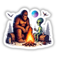 Sasquatch and Alien Around Camp Fire Camping: A whimsical cartoon featuring a bigfoot and alien enjoying a campfire on logs, capturing a playful, adventurous spirit. Available as stickers or digital artwork.
