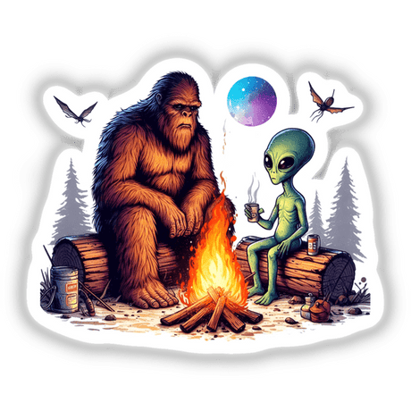 Sasquatch and Alien Around Camp Fire Camping: A whimsical cartoon featuring a bigfoot and alien enjoying a campfire on logs, capturing a playful, adventurous spirit. Available as stickers or digital artwork.