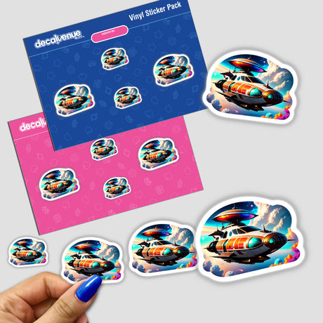A hand holding A Cool Retro Spaceship sticker, featuring a cartoon spaceship design, available as stickers or digital artwork from Decal Venue.