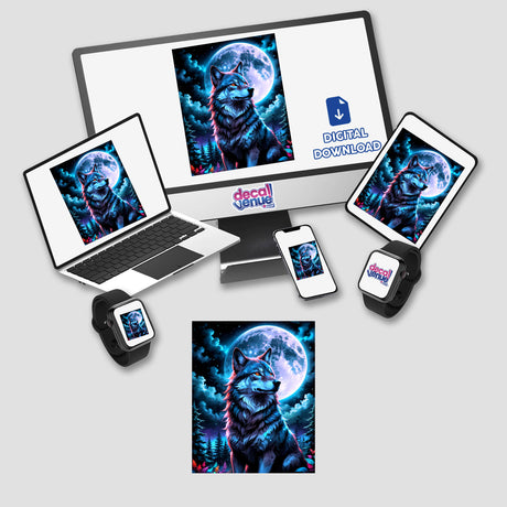 A laptop and computer screen display A Wolf In The Night With A Bright Moon artwork, highlighting a wolf in front of a moon, available as stickers or digital art.