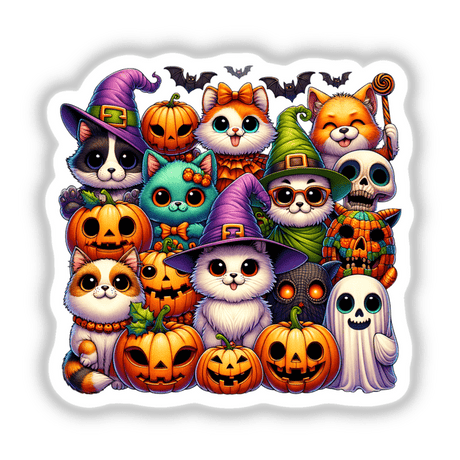 Halloween Clan Portrait featuring cartoon cats, pumpkins, and a ghost, available as stickers or digital artwork. The perfect addition to your Halloween-themed collection from Decal Venue.