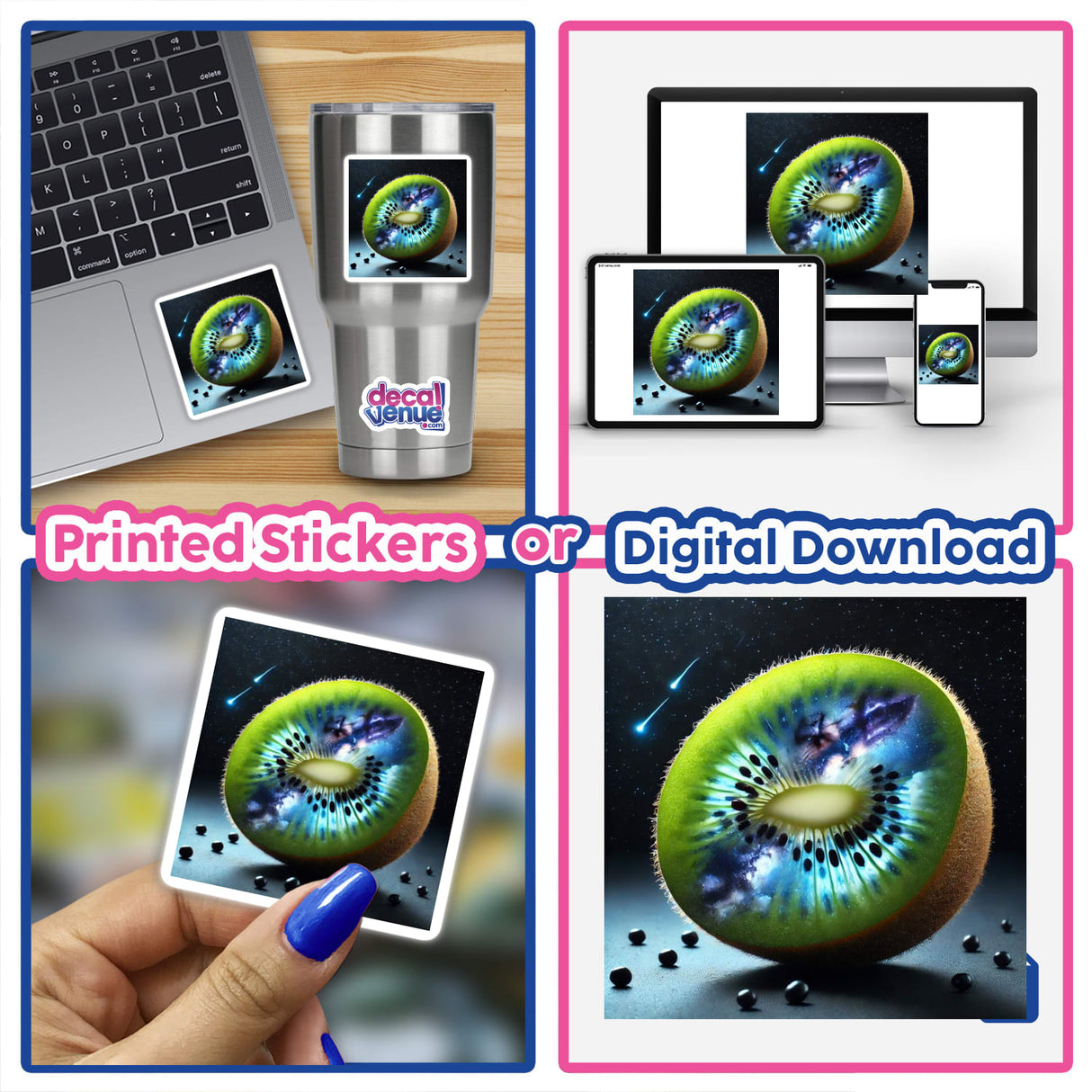 Collage of kiwi fruit and laptops featuring Celestial Kiwi Night Sky Within a Kiwi, available as stickers or digital artwork, showcasing unique digital art with celestial themes.