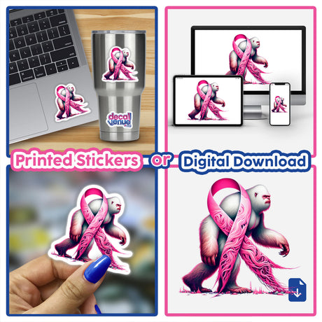 White Sasquatch Pink Ribbon Breast Cancer Awareness collage featuring stickers and digital download options, highlighting a close-up of a sticker with a pink ribbon and Sasquatch illustration.