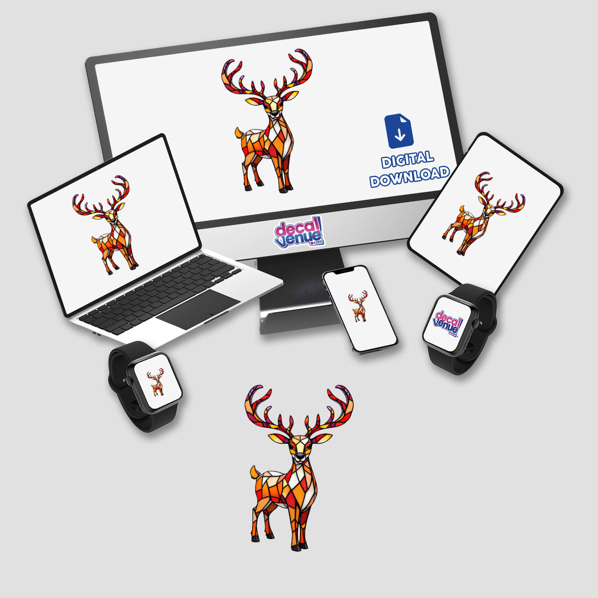 Reindeer Stained Glass Art displayed on a laptop and monitor, featuring vibrant deer imagery. Available as stickers or digital artwork, embodying Decal Venue's unique artistic flair.