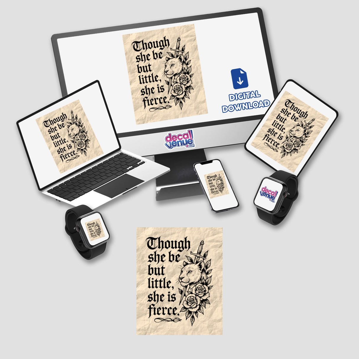 Though She Be But Little Shakespeare Quote Sticker or Clipart features a digital artwork of a lioness tattoo design with a sword and roses, available for commercial use.