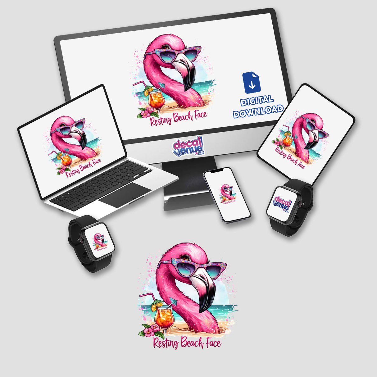 Colorful digital artwork of a flamingo bird wearing sunglasses and holding a tropical drink, with the text "Resting Beach Face" above it. The image is displayed on various digital devices including a laptop, smartphone, and smartwatch, surrounded by the Decal Venue logo and a "Digital Download" button.