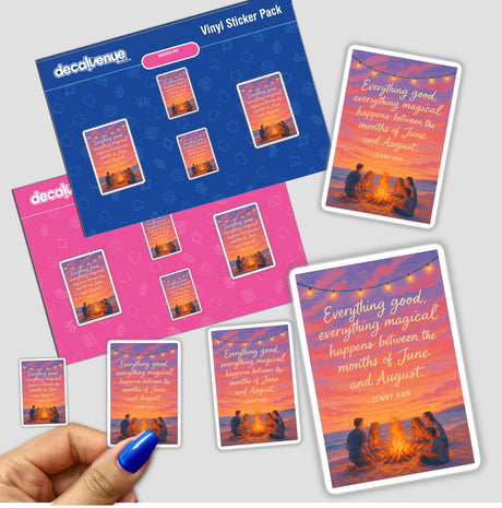 Hand holding Everything Magical Summer Quote Sticker or Clipart by Jenny Han, featuring a campfire scene. Available as stickers or digital artwork with commercial rights from Decal Venue.