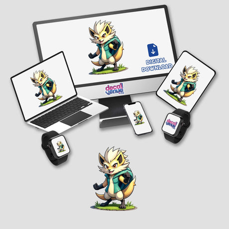 Furry Fighter - Shadow Striker The Hedgehog displayed on a laptop, mouse pad, smartphone, and smartwatch, featuring a cartoon character, available as stickers or digital artwork from Decal Venue.