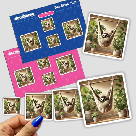 Sticker featuring a sloth lounging in a knitted hammock with indoor plants, available as a decorative sticker or digital artwork from Decal Venue.
