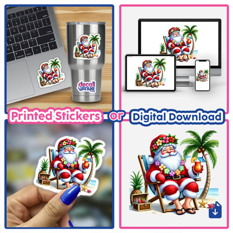Hula Santa Relaxing at Beach w/ Drink depicted as stickers or digital artwork in a collage featuring Santa on laptops, cups, and phones, aligning with Decal Venue's unique art offerings.