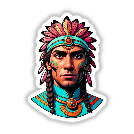 Native American Warrior Chief with a feathered headdress, available as vinyl stickers or digital artwork from Decal Venue, highlighting unique artistic expression.