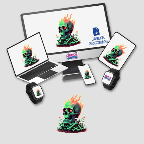 Skull and Bones On Fire digital artwork featuring a fiery skull design displayed on a computer monitor, laptop, and other devices, available as unique stickers or digital art from Decal Venue.