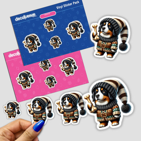 Adorable Bernese Mountain Dog Gnome Stickers - Digital artwork featuring a friendly Bernese mountain dog gnome holding a bone, surrounded by smaller sticker versions of the same design. Perfect for adding a touch of whimsical style to any surface.