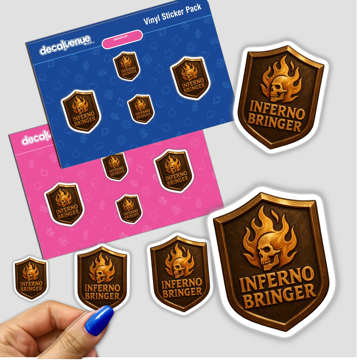 Inferno Bringer – RPG-Style Skill Badge features a detailed gold and bronze flame crest design, available as unique stickers or digital artwork, embodying the distinctive style of Decal Venue.