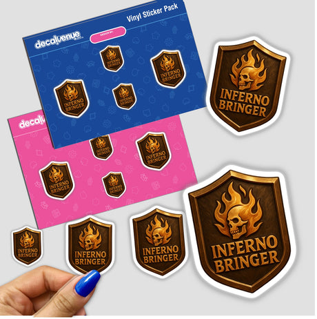 Inferno Bringer – RPG-Style Skill Badge features a detailed gold and bronze flame crest design, available as unique stickers or digital artwork, embodying the distinctive style of Decal Venue.