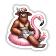 Tropical Sasquatch Sitting in Float II: Cartoon gorilla in hat and shorts lounging on a pink flamingo, available as unique stickers or digital art from Decal Venue.