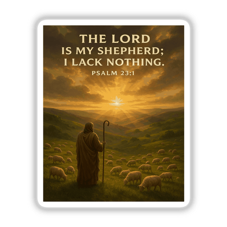 Psalm 23:1 Shepherd Sticker & Printable Wall Art features a shepherd with sheep under golden hour light, accented by bold text, The Lord is my shepherd; I lack nothing, for inspirational Christian decor.