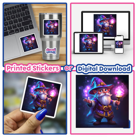 Fantasy Wizard with Vibrant Arcane Magic Effects digital artwork displayed on a computer and laptop. The image includes various fantasy-themed elements like a wizard holding a staff and video game screenshots.