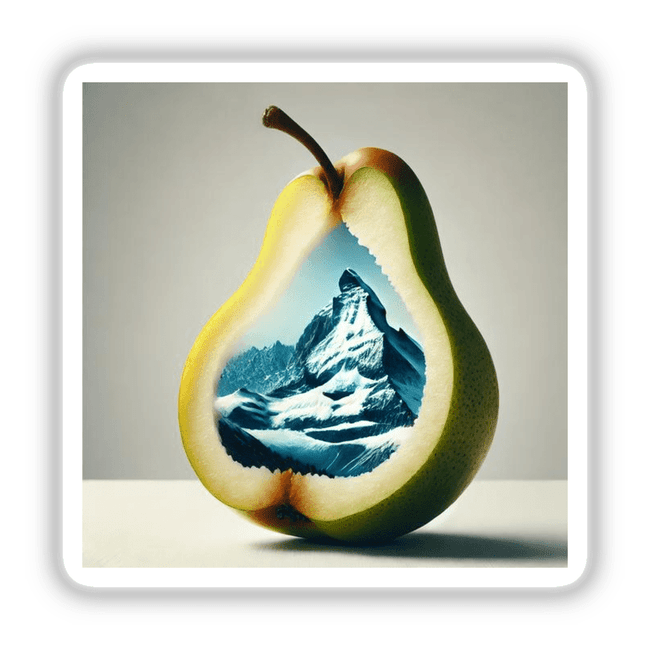Frosted Peaks Mountain Range Inside a Pear: A surreal still life featuring a pear with a mountain range inside, available as stickers or digital artwork from Decal Venue.