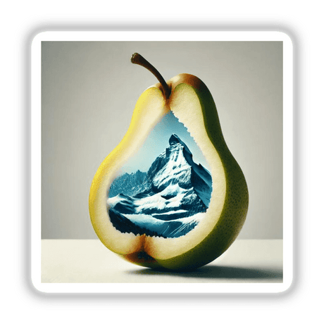 Frosted Peaks Mountain Range Inside a Pear: A surreal still life featuring a pear with a mountain range inside, available as stickers or digital artwork from Decal Venue.