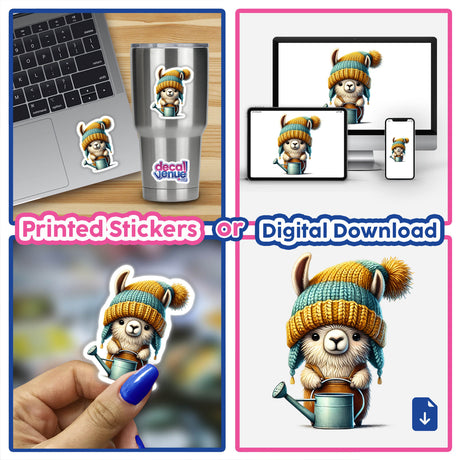 Llama Gnome with Watering Can: A collage featuring a cartoon llama gnome in a hat, holding a watering can and bucket, available as stickers or digital artwork.