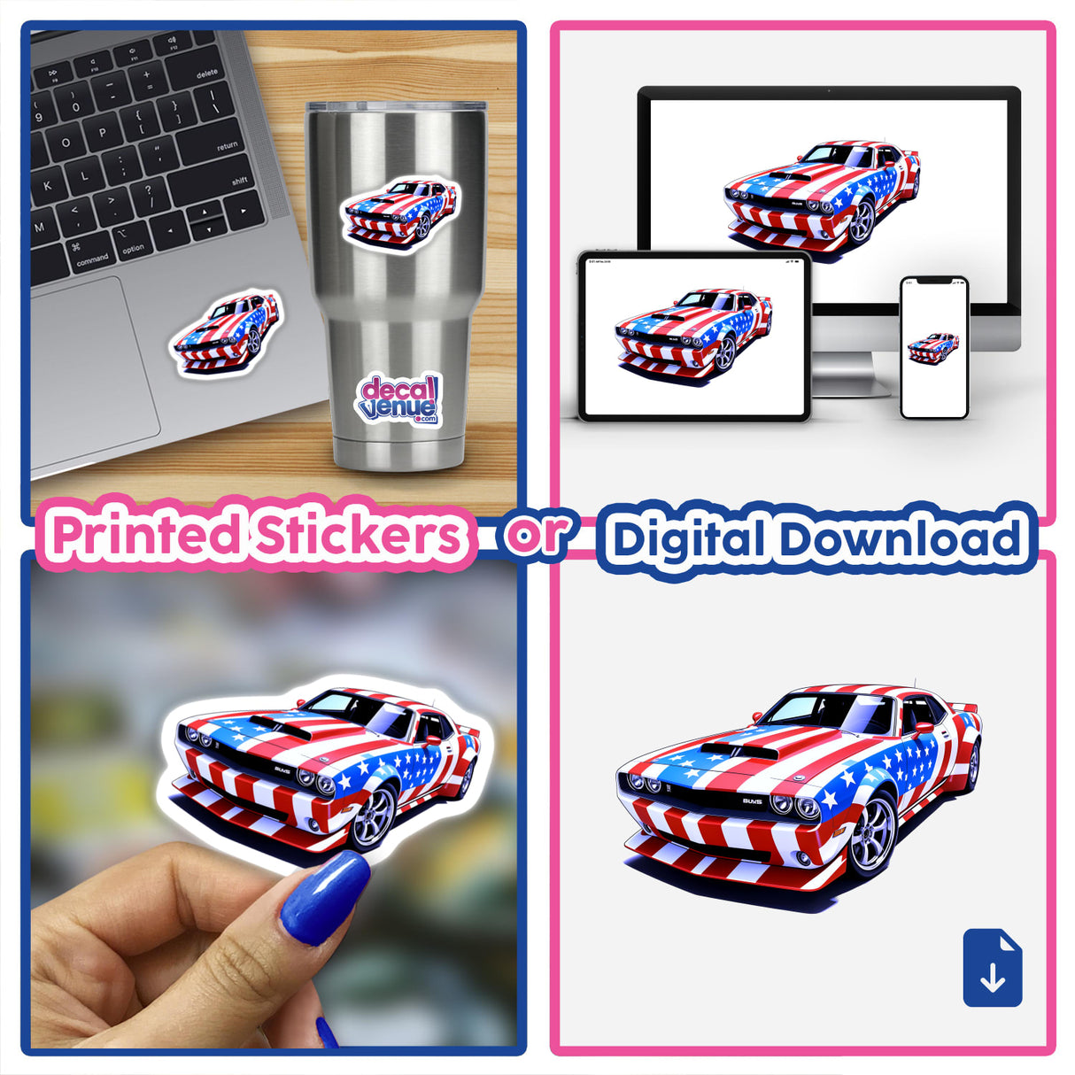Collage featuring A Cool American Flag Muscle Car sticker, showcasing its versatile application on laptops and vehicles, available as both vinyl stickers and digital artwork from Decal Venue.