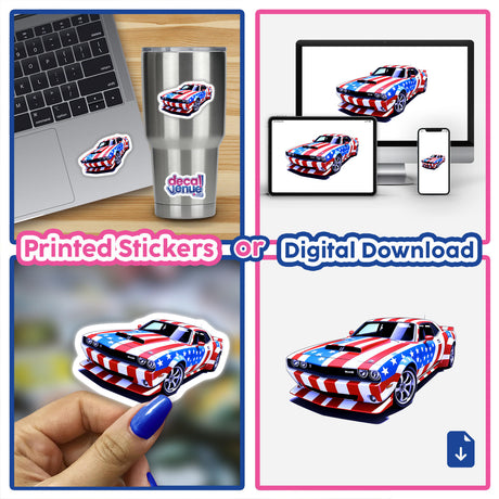 Collage featuring A Cool American Flag Muscle Car sticker, showcasing its versatile application on laptops and vehicles, available as both vinyl stickers and digital artwork from Decal Venue.