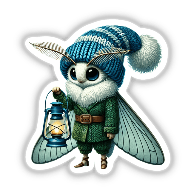 Moth Gnome with Lantern whimsical cartoon illustration, featuring a fairy-like bug holding a glowing lantern, perfect for stickers and digital downloads in festive holiday crafts and DIY projects.
