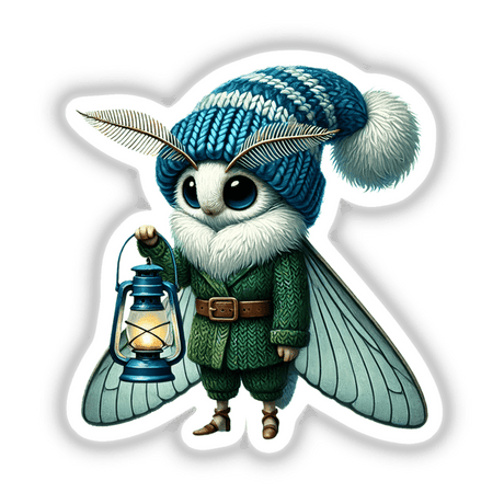 Moth Gnome with Lantern whimsical cartoon illustration, featuring a fairy-like bug holding a glowing lantern, perfect for stickers and digital downloads in festive holiday crafts and DIY projects.