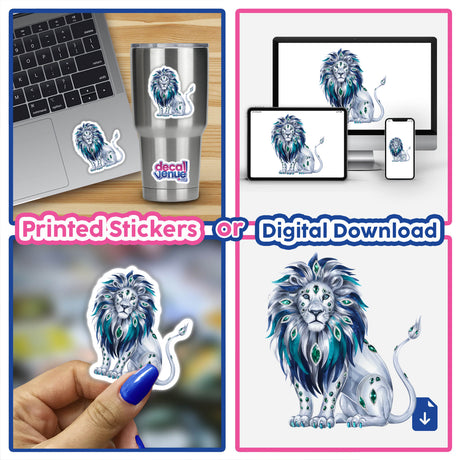 Collage of various Lion Green Emerald Gemstones and Jewels stickers and digital artwork, featuring lions with blue and green feathers, showcased on laptops, cups, and close-up views.