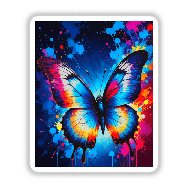 A Pretty Colorful Butterfly sticker or digital artwork, showcasing vibrant wings with paint splatters, perfect for adding a unique touch to any surface or digital project.