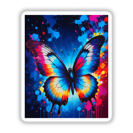 A Pretty Colorful Butterfly sticker or digital artwork, showcasing vibrant wings with paint splatters, perfect for adding a unique touch to any surface or digital project.