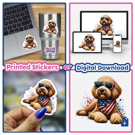 Sassy American Flag Goldendoodle Dog illustration featuring a cartoon dog in sunglasses and a bandana, available as stickers or digital artwork, embodying Decal Venue's unique vinyl and digital art offerings.