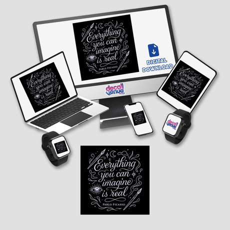 Everything You Can Imagine Quote Sticker or Clipart with Commercial Rights – Pablo Picasso Art Design, featuring electronic devices like a laptop, tablet, and smartphone, symbolizing creativity and innovation.