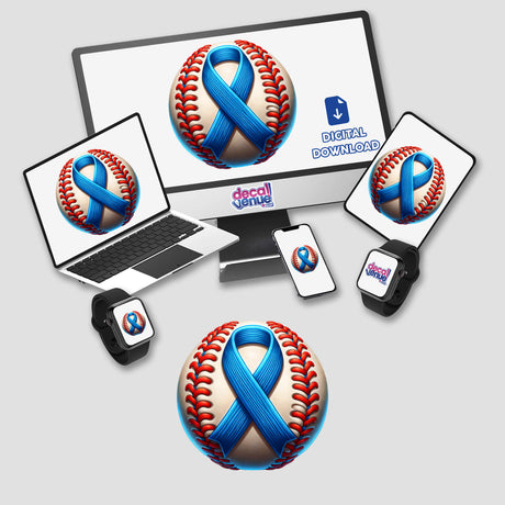 Baseball Blue Awareness Ribbon displayed on a computer monitor and laptop, symbolizing the product's availability as stickers or digital artwork, perfect for fans and supporters.