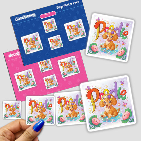 Colorful spring poodle dog digital artwork stickers with cute animal character design in pink and blue packaging from the Decal Venue store.