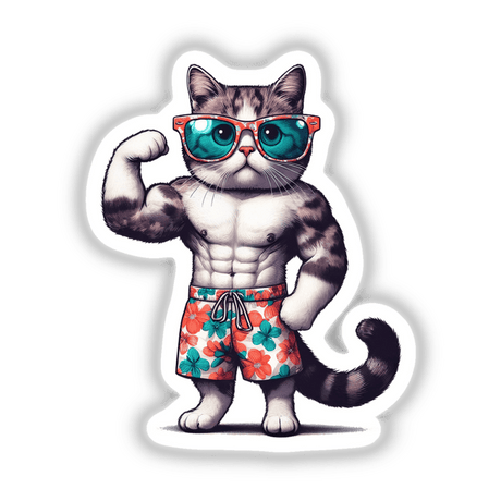 Cartoon of a muscular bodybuilder flexing cat, wearing swim trunks and sunglasses, available as stickers or digital artwork from Decal Venue.