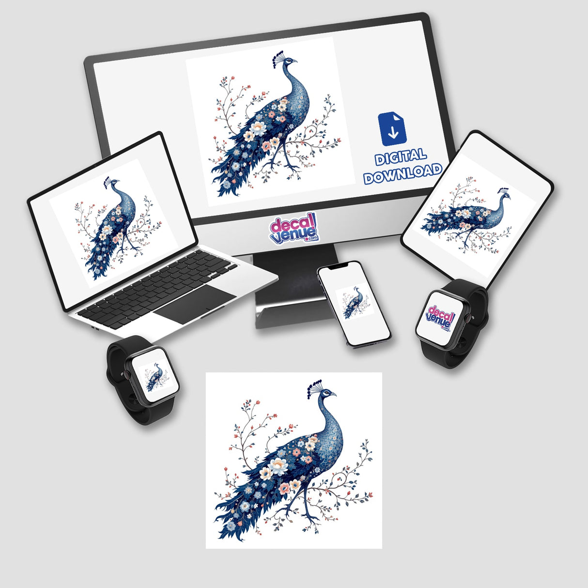 Chinoiserie Peacock digital artwork displayed on a computer monitor and laptop. The image features a peacock surrounded by flowers, available as stickers or digital art from Decal Venue.