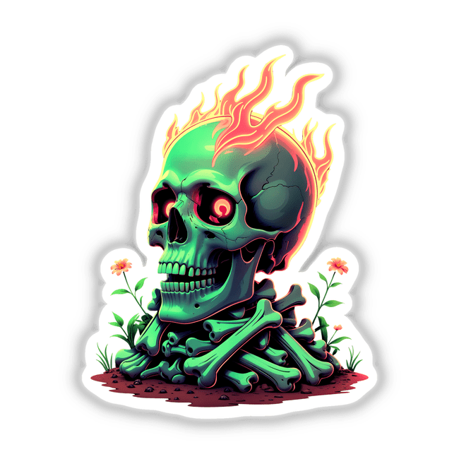 A Skull And Bones On Fire: A green skull with red eyes and flaming bones, depicted in a vibrant, cartoon-style illustration, available as stickers or digital artwork.