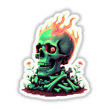 A Skull And Bones On Fire: A green skull with red eyes and flaming bones, depicted in a vibrant, cartoon-style illustration, available as stickers or digital artwork.