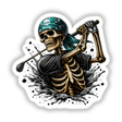 Bandana Skeleton Swinging Golf Club: A detailed illustration of a skeleton wearing a bandana, holding a golf club, available as unique stickers or digital artwork from Decal Venue.