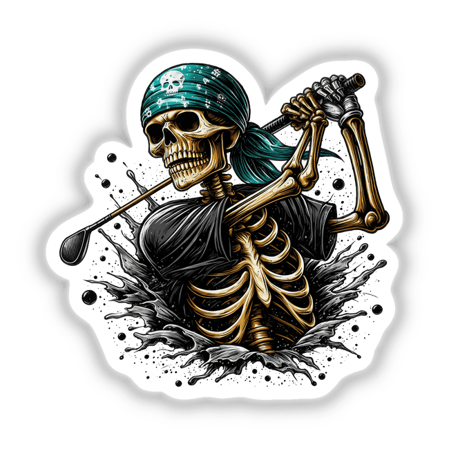 Bandana Skeleton Swinging Golf Club: A detailed illustration of a skeleton wearing a bandana, holding a golf club, available as unique stickers or digital artwork from Decal Venue.