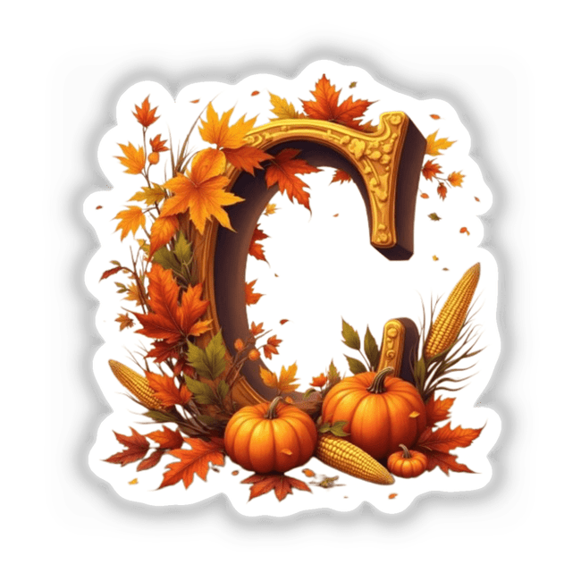 Autumn Letter C Clipart – Fall Decor Stickers or Download with pumpkins, leaves, and corn, perfect for seasonal decoration or commercial use.