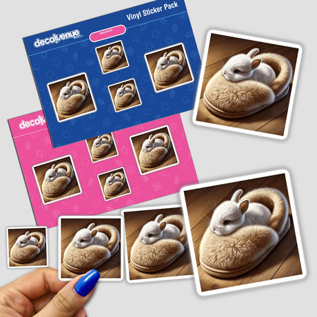 Rabbit Snuggled in Fluffy Slipper sticker, featuring a cute rabbit nestled in a cozy slipper. Ideal for personalizing items or as digital artwork from Decal Venue's unique collection.